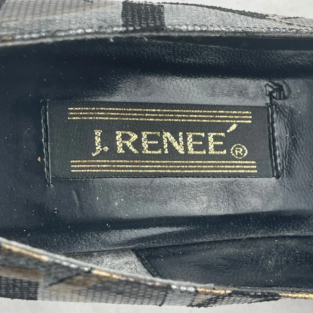 J Renee Womens Geometric Print Heels Size 10M Black Gold Silver Block Heel Pumps